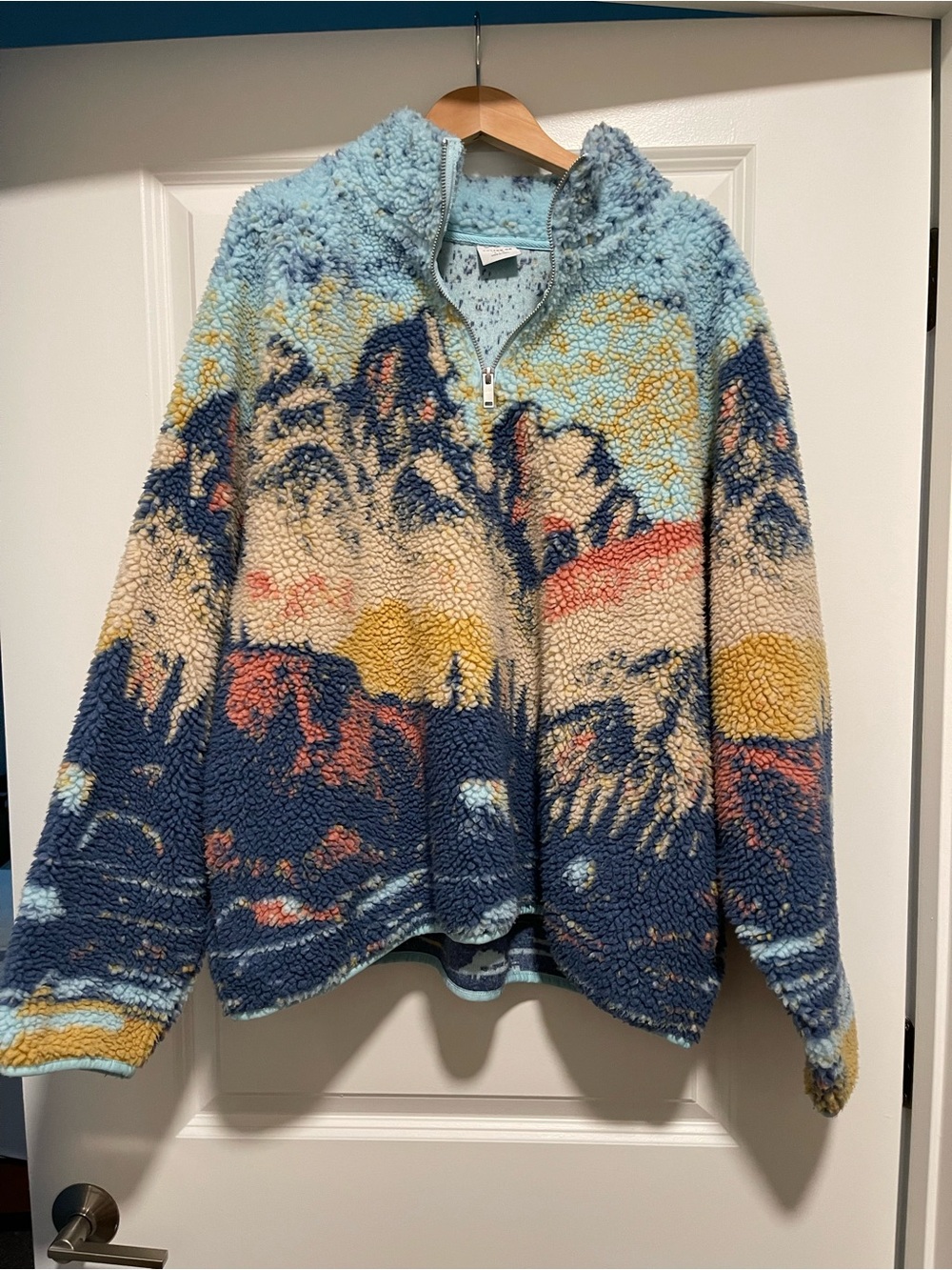 Sherpa Half-Zip Pullover Sweater - Multicolor Scenic Print